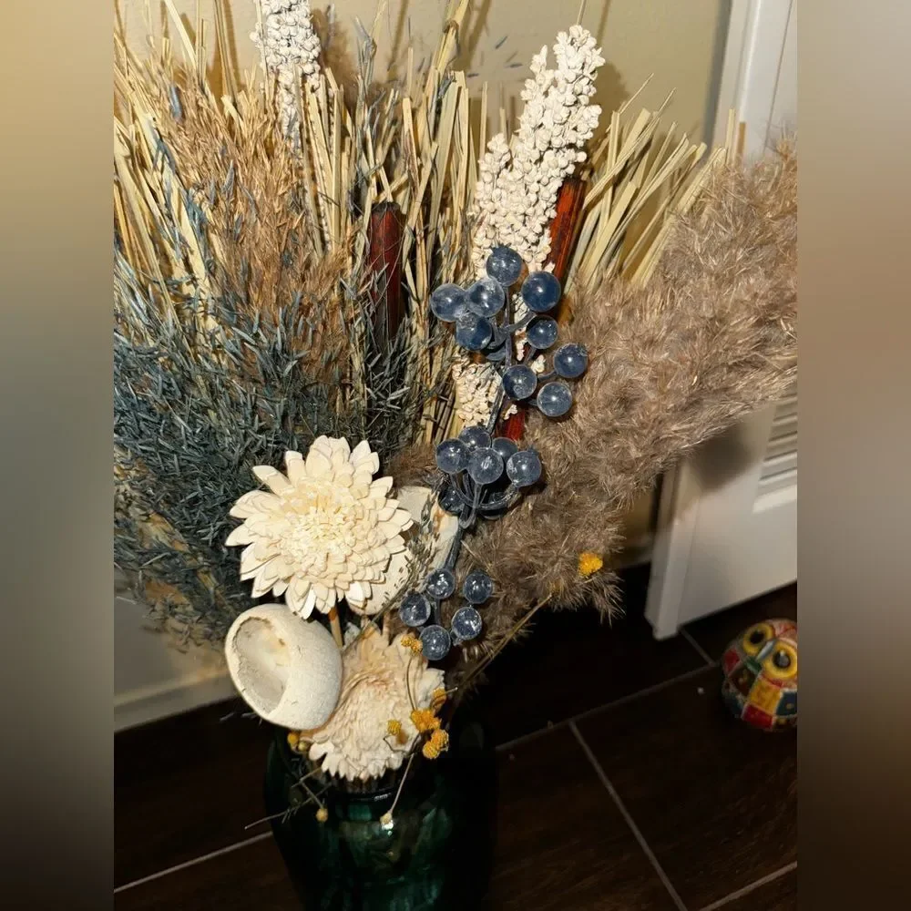 Stunning Dried Floral Arrangement in Blue- Green Glass Vase handmade in Spain